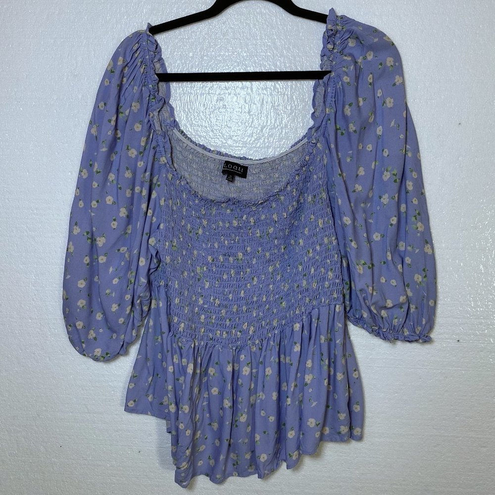 Eloquii Plus Size 28 Blue Floral Square Neck Top Smocked Puff Sleeves Peplum